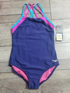*DEFECT* Speedo Girls' Swimsuit One Piece Solid Cross Back Multi Straps Sz 14 - Picture 1 of 9