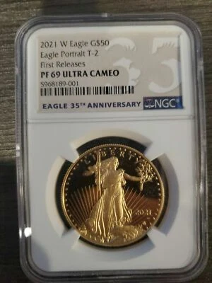 2021 1 oz W Proof Gold NGC PF69 American Eagle Ounce $50 21EBN PR Type 2 T2 - Image 1 of 4