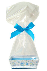 10 x MINI Baby Shower Gift Hamper Kits - 12cm Blue Gift Trays, Clear Bags, Bows