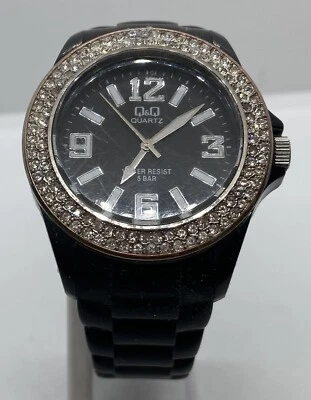 Q&Q Ladies Watch New Battery Iced Large Silver Dial Black Strap Water Resistant - Image 1 of 4
