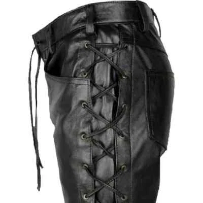 Men's Black Genuine Leather Biker's Pants - Side and Front Laces Up Jean Trouser - Image 1 of 4