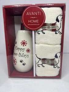 Avanti Christmas Boxed Bath Set HAPPY PAW-LIDAYS Dog Lotion Pump & Pair Towels - Picture 1 of 8