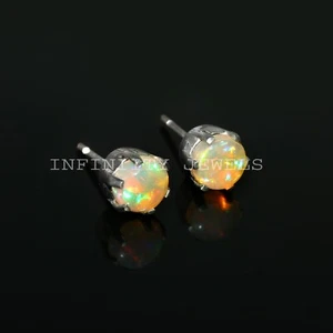 925 Silver Genuine Round Ethiopian Fire Opal Stud Earring Gift Handmade Jewelry - Picture 1 of 8