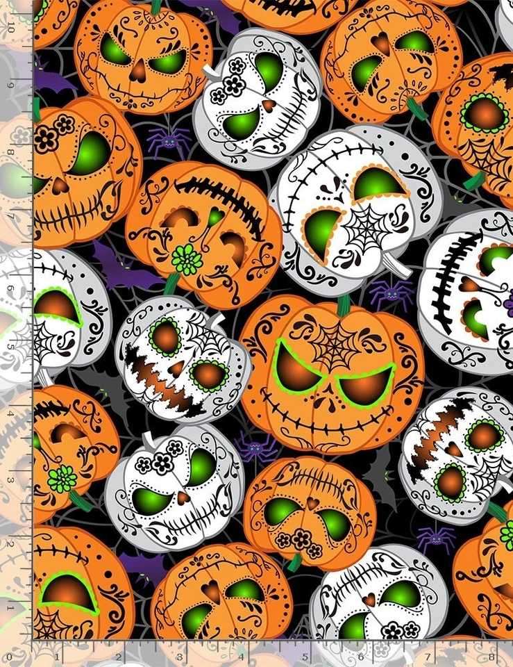 Timeless Treasures Scary Pumpkin Glow Black Cotton Fabric by The Yard