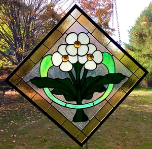 CRAFTSMAN FLORAL Stained Glass NOS Hanging Panel MADE IN USA suncatcher XDD39 - Picture 1 of 7