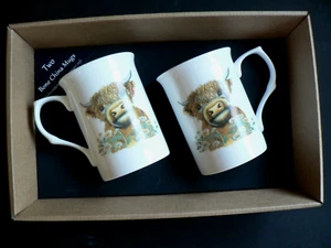 Highland Kuh Tasse Geschenkset 2 x Bone China - in schwarzer Geschenkbox - Bild 1 von 2