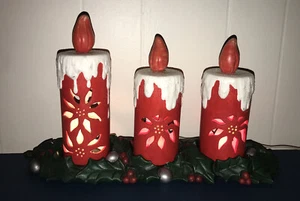 Ceramic Christmas Candles Light Up Electric Red w/ Holly Leaves Vintage Large - Picture 1 of 8