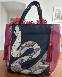 Sharif Tasche rot & schwarz Schlangenleder Muster XL Echtleder Quasten 17x14 - Bild 1 von 12