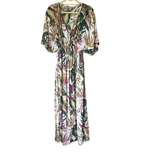 World Market Tropical Palm Leaf Maxi Dress Multicolor Boho Kimono Style Sz X/XL - Picture 1 of 4
