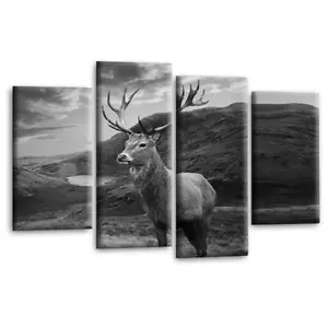 Scottish Highland Stag Wall Art Grey White Framed Picture Split Panel Print - Picture 1 of 6