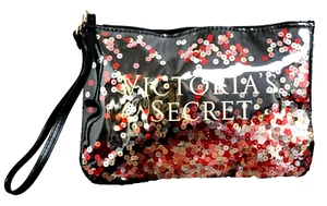 Victoria's Secret BLACK SEQUINS PV LEATHER MAKEUP ZIP CASE COSMETIC BAG WRISTLET - Picture 1 of 4