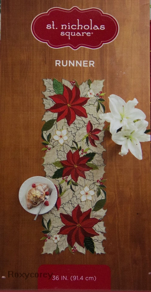 Christmas St Nicholas Square 36x13 Embroidered Poinsettia Cut Out Table Runner - Image 1 of 2