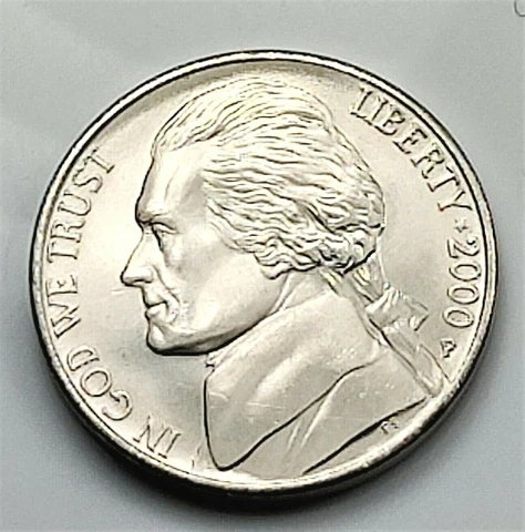 2000 P Jefferson Nickel - BU Coin Pulled from an OBW Roll Cover