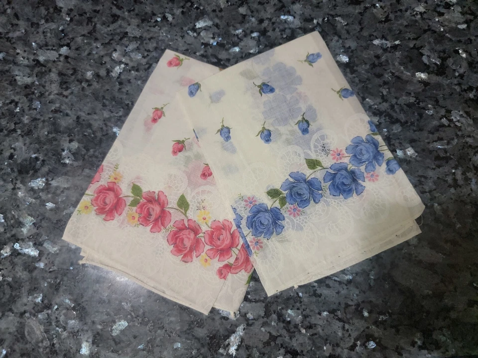 Vintage Set Of 2 Handkerchiefs For Ladies Roses With Lace Print Estate - Image 1 of 4