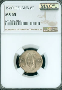 1960 IRELAND 6 PENCE MS66 PQ 2ND FINEST GRADE MAC SPOTLESS * - Picture 1 of 2