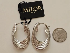 Milor 14K Oro Nuovo 1-1/4" White Polished Ribbed Hoop Earrings Italy - Picture 1 of 8
