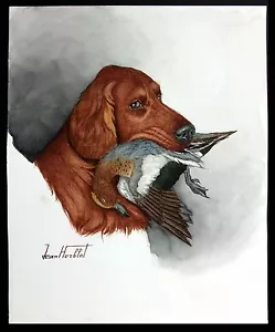 Jean Herblet, French 17"x 13" Original Watercolor, Irish Setter, European Wigeon - Picture 1 of 2