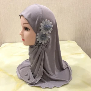 Kids Girls Hijab Scarf with Flowers Muslim Kids Turban for 2-7 Years Old Girls - Picture 1 of 24
