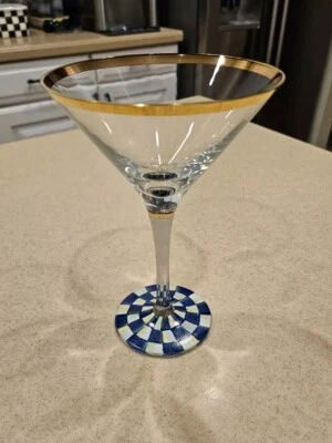 MACKENZIE-CHILDS RARE SUMMER MACKENZIE CHILDS ROYAL CHECK GOLD MARTINI COUPE BAR GLASS GOBLET