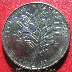 1975 VATICAN CITY 50 LIRE OLIVE BRANCH PAUL VI PAPAL ARMS STAINLESS STEEL COIN - Picture 1 of 2