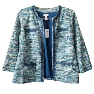 Chicos Blue Tweed Blazer Jacket M 1 Tailored Career Fall Modern Classic NEW - Picture 1 of 10