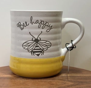Heartland Hive Bee Happy Inspirational Ridged Ceramic Coffee Tea Mug Cup Gift - Picture 1 of 6