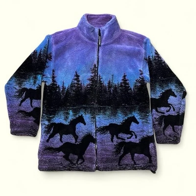 De colección Para Mujer Años 90 Negro Montaña Crepúsculo Caballos Pila Profunda Felpa Vellón Cremallera Pequeño Foto 1 de 4