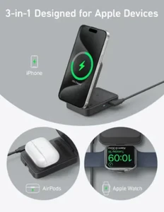 NEW Anker MagGo Wireless Charging Station (15W, Foldable 3-in-1) Black FREE SHIP - Picture 1 of 9