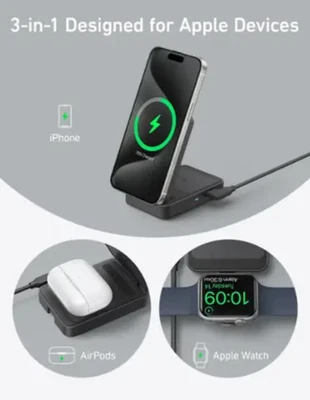 NEW Anker MagGo Wireless Charging Station (15W, Foldable 3-in-1) Black FREE SHIP - Image 1 of 4