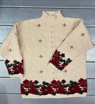 Vintage LL Bean Poinsettias Sweater Womens Large Beige Floral Wool Chunky Jumper - Image 1 of 4