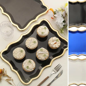 10 Disposable 14 in Rectangular Paper SERVING TRAYS Gold Trim Party Tableware - Picture 1 of 26