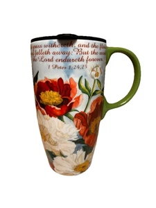 Zypresse Reisebecher Keramik mit Deckel 17oz Blumen rot grün Bibelvers Petrus - Bild 1 von 11