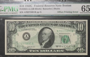 1969C $10 PMG65 EPQ Federal Reserve Offset Printing Error - Picture 1 of 2