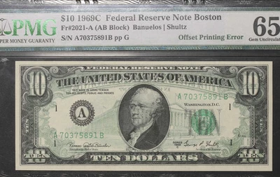 1969C $10 PMG65 EPQ Federal Reserve Offset Printing Error - Image 1 of 2
