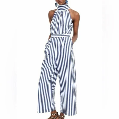 MONO J CREW TUSHAR AZUL BLANCO RAYAS HALTER PAJARITA PIERNA ANCHA talla 6 Foto 1 de 4