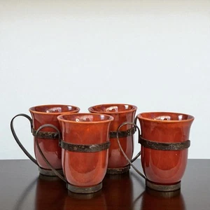 1930s GLADDING MCBEAN FRANCISCAN WARE 4 EL PATIO CUPS + ORIG IRON HOLDERS - Picture 1 of 9