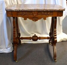 Antique Victorian Eastlake Walnut Marble Top Table, Deep Carvings, Stretcher