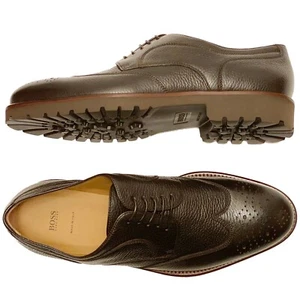 Hugo Boss ITALY Pebbled Dark 10 43 Brown Mens Leather Wingtip Dress Derby Casual - Picture 1 of 5