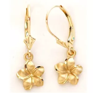 14K Solid Yellow Gold Hawaiian Plumeria Flower Earring W: 9 mm L: 25 mm E2511-32 - Picture 1 of 5