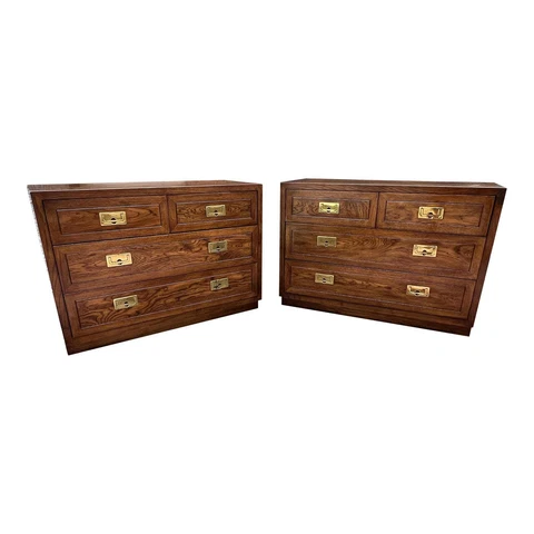 Late 20th Century Henredon Campaign Brown Brass & Oak Bachelors Chests - a Pair Cover