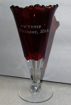 Vtg Ruby Red Flash Glass Souvenir Flute Stem Mt. Pleasant, Mich. Gold Rim 6" - Image 1 of 4