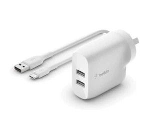 Belkin White 24W Dual USB-A Wall Charger Adapter Plug Charging USB-C Cable - Picture 1 of 3