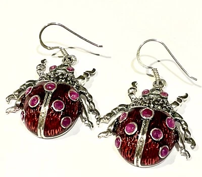Sterling Silver Art Nouveau Red Ruby Ladybird bug beetle drop hook Earrings - Image 1 of 4