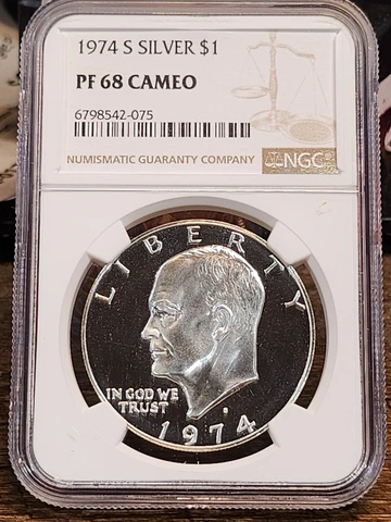 1974 S Eisenhower Proof, NGC Graded PF 68 CAMEO, 075 Cover