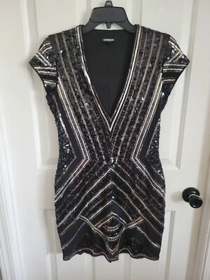 Vestido Express Para Mujer Lentejuelas Mini Bodycon Cóctel Cuello en V Manga Gorra Negro Mediano Foto 1 de 4
