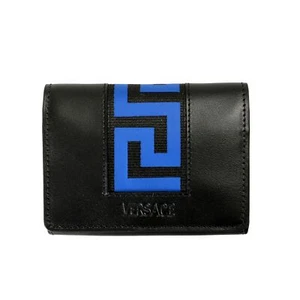 Cartera Tarjetero Versace Negra y Azul Logo Greeca 100% Cuero - Imagen 1 de 5