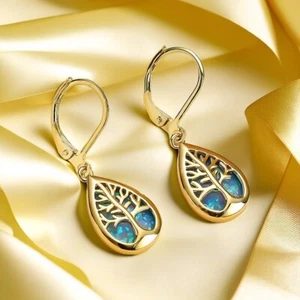 Hawaii Life Tree Blue Fire Opal Hoop Earrings Silver Filled For Women Girls - Picture 1 of 6