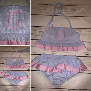 Smocked Auctions Pink and Blue Monogram “C” Swimsuit, Size 4T - Picture 1 of 4