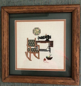 Framed Finished Cross Stich Antique Sewing Machine And Rocker 11” Square - Picture 1 of 9