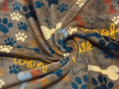 CRS FUR FABRICS Double Sided Super Soft Cuddle Fleece Fabric Material BONES PAWS WOOF TAUPE